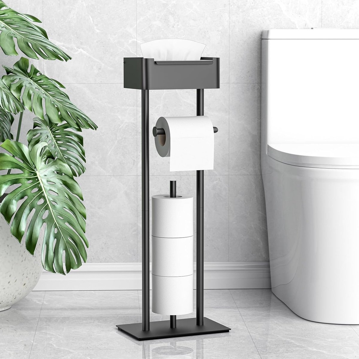 Vrijstaande Toiletpapierhouder met Doos voor Nat Wipes - Stabiele Houder voor 4 Rollen - Mat Zwart, Modern Design, Duurzaam Materiaal