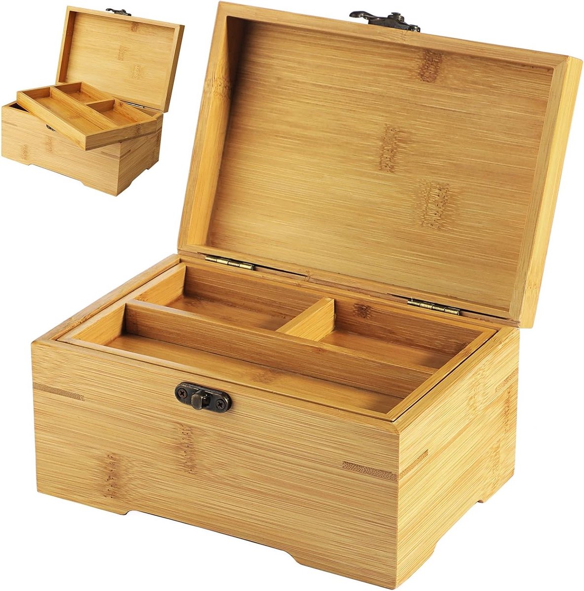Vintage Bamboo Sieradenopbergdoos met 2 Lagen, Perfect voor Kettingen, Oorbellen en Ringen