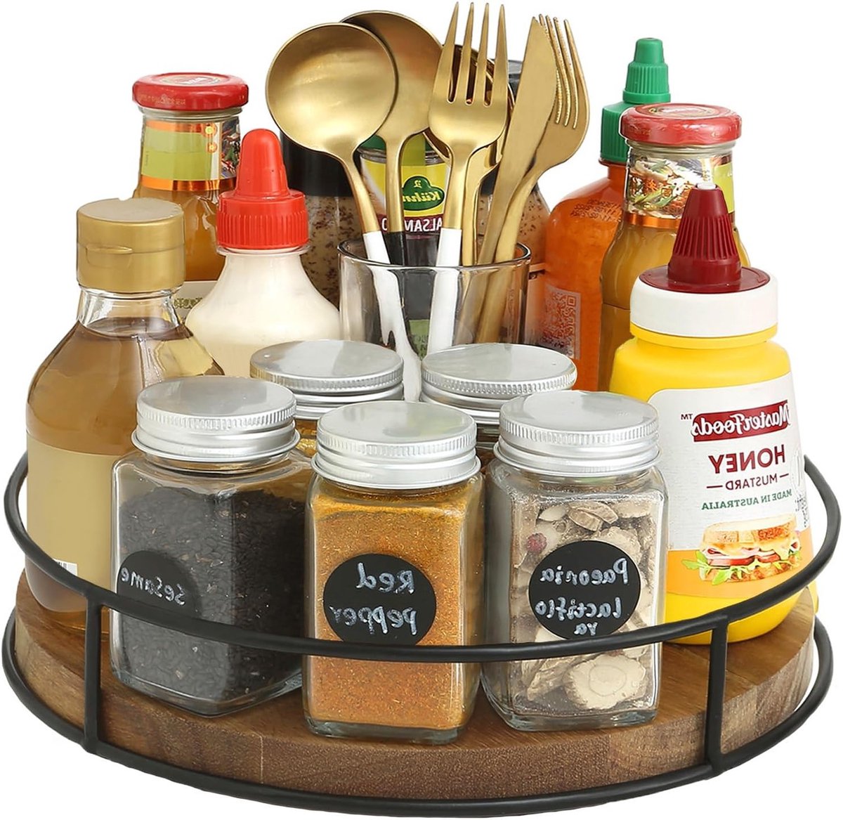 Rotating Tray for Kitchen Cupboard - 360° Swivel Spice Holder (23 cm Wood Colour)