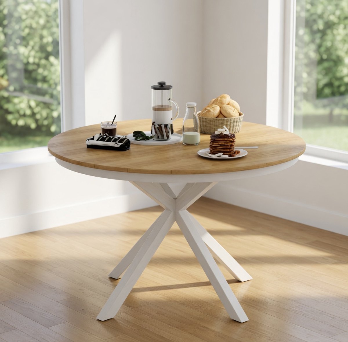 Ronde Tuintafel 118 cm Teak Houtlook - Weerbestendige Balkontafel Aluminium Frame - Latten