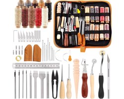 46 pieces leather kit - leather work tools and supplies - leather craft tool set with waxed thread groover awl stitching punch - tracing wheel - sewing needles - other leather accessoires
