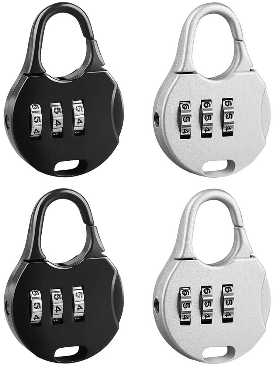 aladdien - 3-Cijferig Cijferslot - Mini-Combinatieslot - Verstelbaar Hangslot - Zwart en Zilver - Ideaal voor Koffer en Rugzak - 4 Stuks