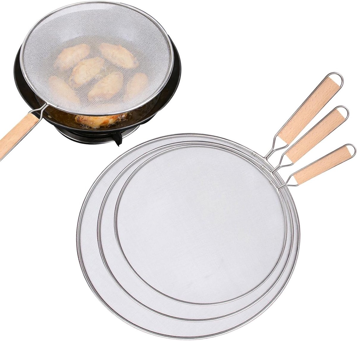 Set van 3 spatbeschermers voor pannen (30/25/21 cm) - RVS spatbeschermer met houten handvat, hittebestendig en vaatwasmachinebestendig