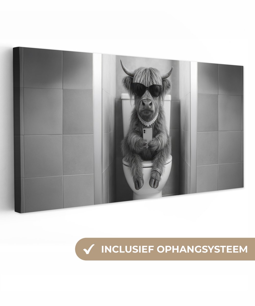 Canvas schilderij 60x30 cm - Exclusieve wanddecoratie Stier - Telefoon - Toilet - Zwart -