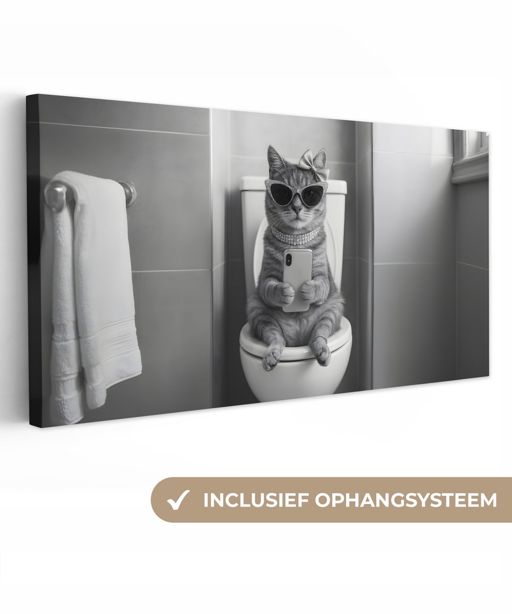 Canvas schilderij 100x50 cm - Exclusieve wanddecoratie Kat - Telefoon - Toilet - Zwart - W