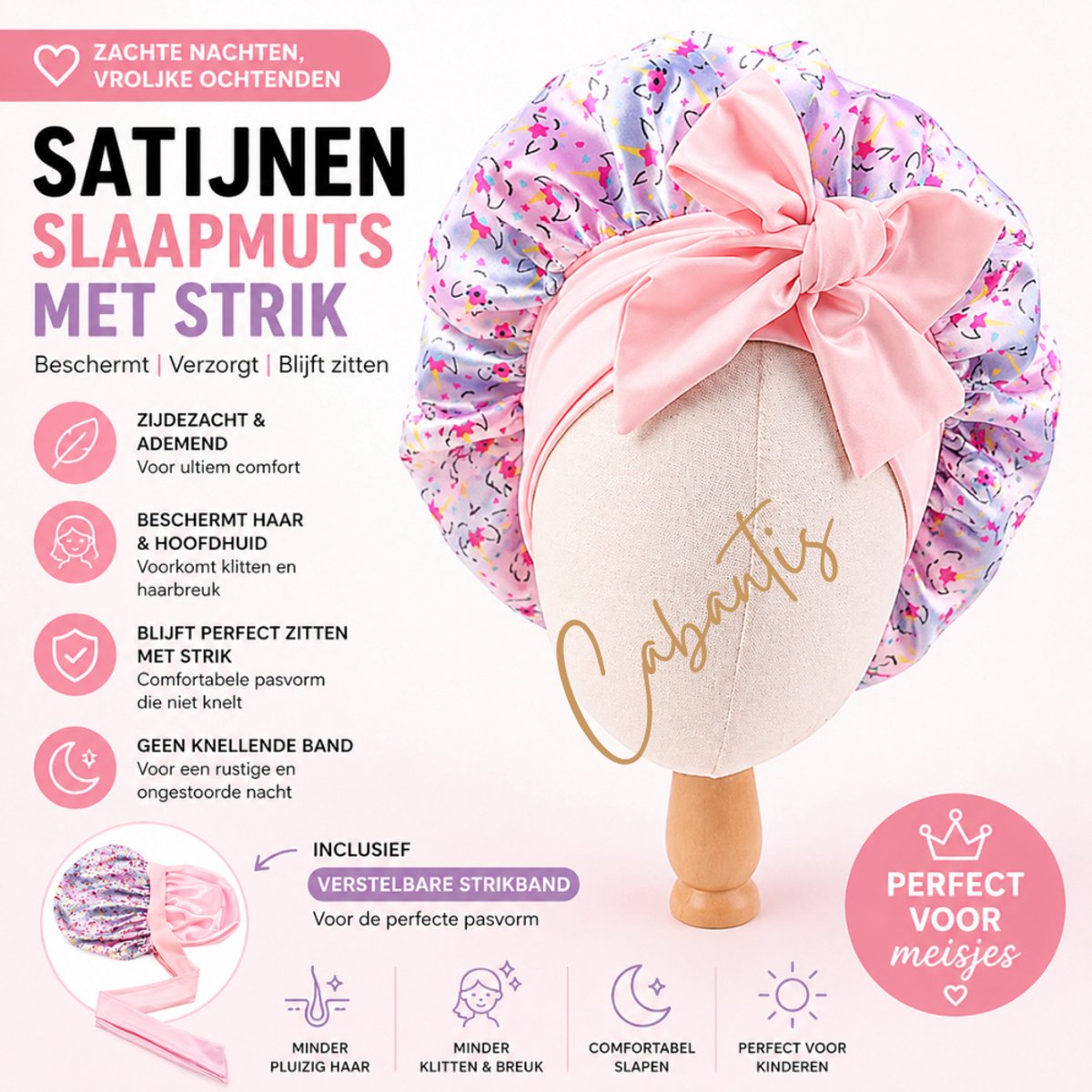 Cabantis® Kinder Slaapmuts Satijn – Anti Pluis & Klitten – Zachte Bonnet voor Krullen – Beschermt Haar tijdens Slapen – Comfortabele Pasvorm - Met strik Sleepie Unicorn Blauw Roze