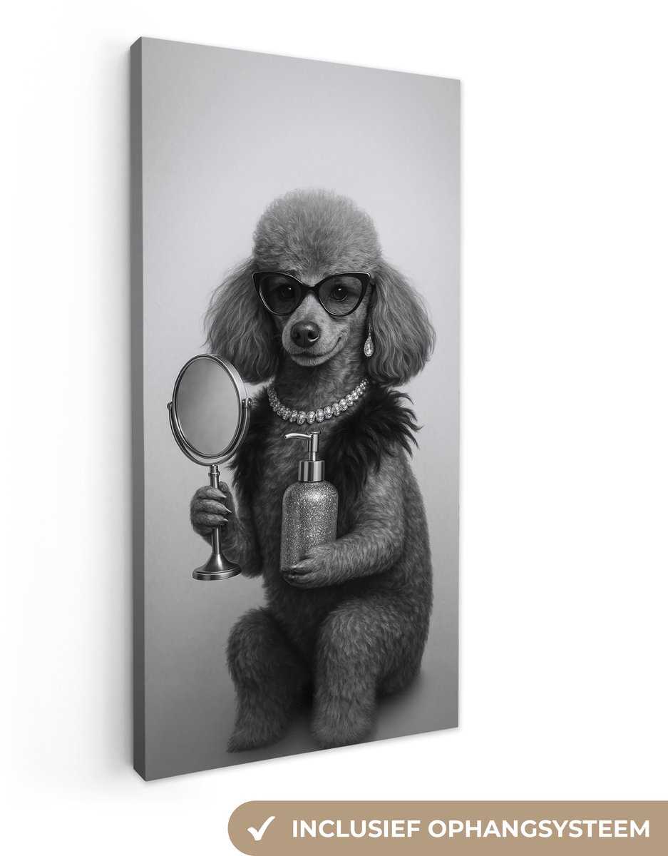 Canvas schilderij 80x160 cm - Exclusieve wanddecoratie Poedel - Spiegel - Zwart - Wit - Mu