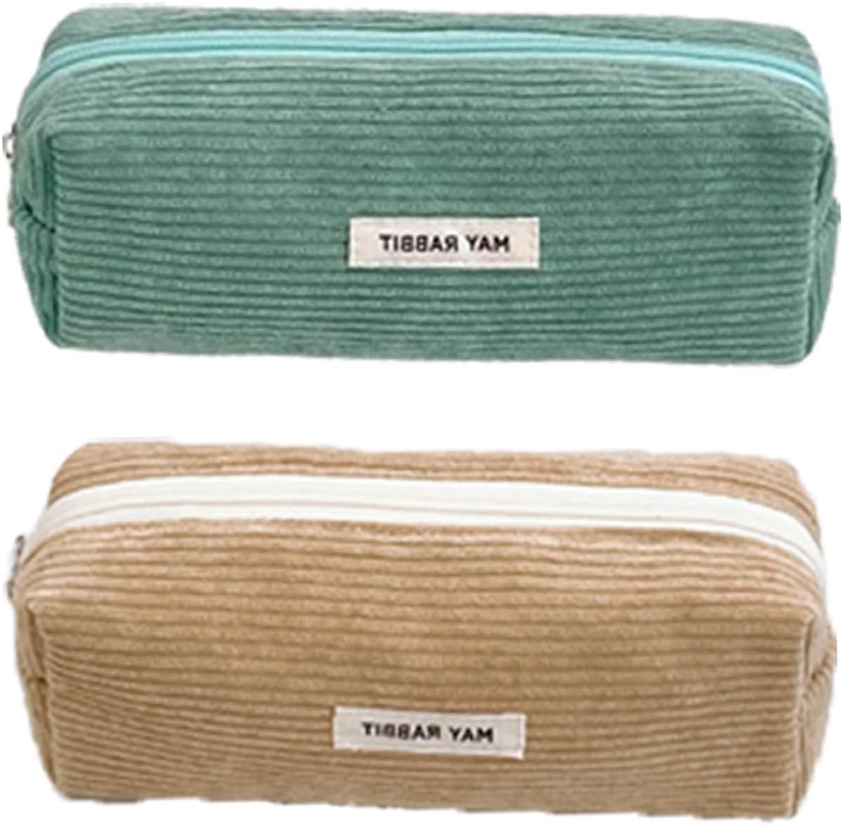 Ribbelvelours Pennenzak Set van 2 met Praktische Rits, Ruime en Draagbare Pennenzakken voor School en Kantoor, Apricot en Lichtgroen, Ideaal voor Meisjes