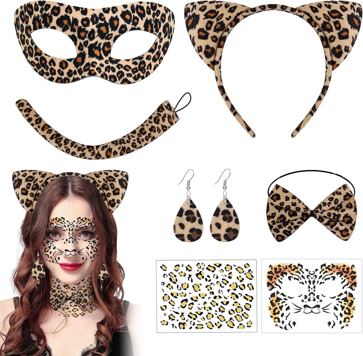 Dierenkostuum voor Vrouwen, 7-delige Accessoireset met Oren, Staart, Strik en Tatoeages voor Carnaval en Halloween Cosplay