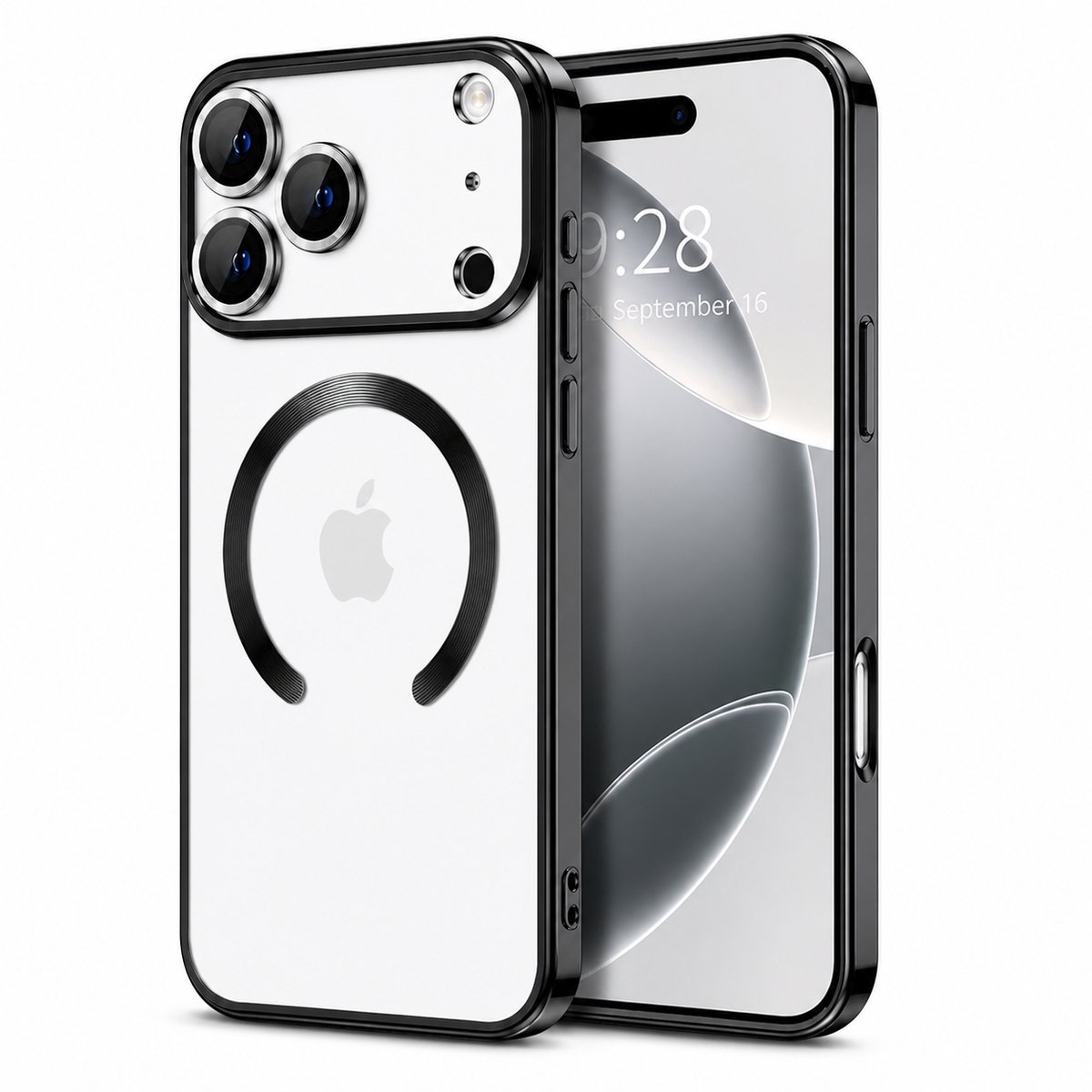 Compatible iPhone 17 Pro Hoesje Zwart – TG TECHGRIP – MagSafe Compatible Case – Transparant met Zwarte Rand – Ingebouwde Camera Glas Protector – 360° Bescherming – Anti-Fingerprint – Luxe Design
