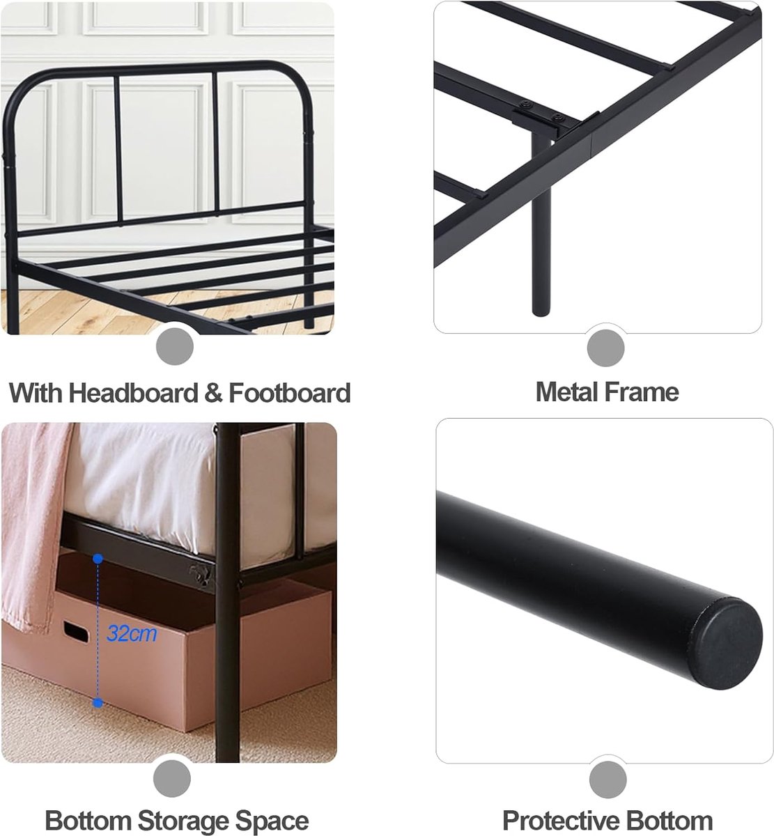 UrbanRest Metalen Bedframe 90x190 cm met Hoofd- en Voetbord, 32 cm Opbergruimte, Stevig Eenpersoonsbed met Lattenbodem – Modern Zwart