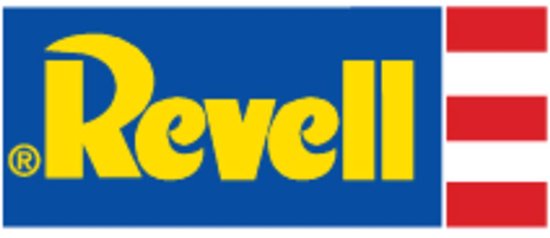 Revell logo met gele tekst op blauwe achtergrond en rode strepen.