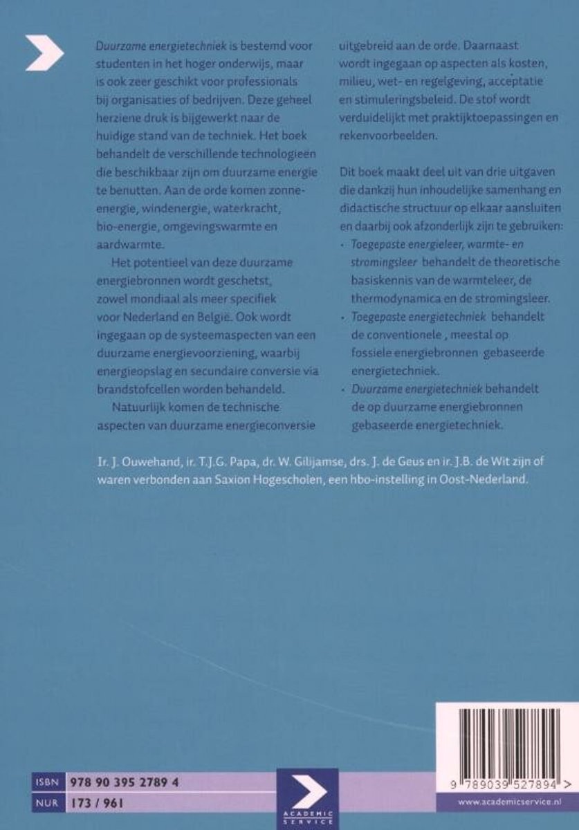 Achterflap van 'Duurzame energietechniek' met samenvatting, ISBN en auteursinformatie.