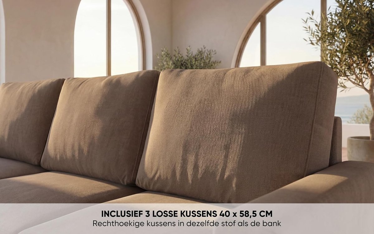 Reversibele 3-Zits Hoekbank Chaise Longue Taupe 200x77x85 cm – Omkeerbare Links/Rechts Lounge Bank met Anti-Vlek HydroCare Stof