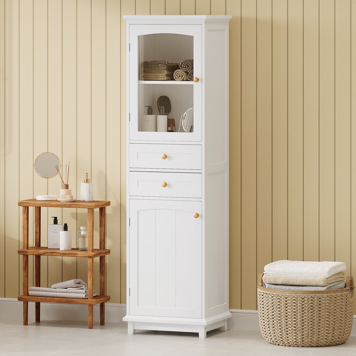 Sweiko Badkamerkast - Glazen deuren - 2 lades - Verstelbare planken - 45 x 36 x 160 cm - Wit