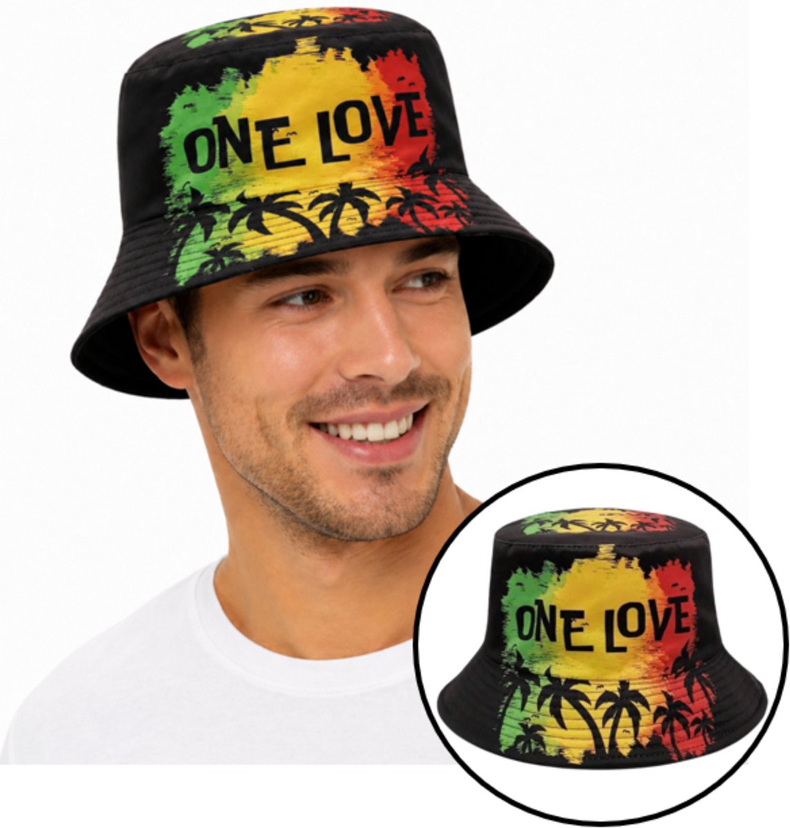 Pradeo - Bucket Hat - Vissershoedje - Buckethat - One Love - Bob Marley - Reggae - Carnaval - Feest - Festival - Vrijgezellenfeest - Outfit - Zwart - Rood/Geel/Groen - One Size Fits All