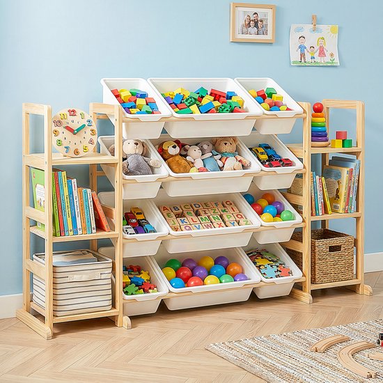 YONO Speelgoedkast met 12 Opbergbakken - Speelgoed Opberger - Boekenkast Kinderkamer - Hout - Speelgoedkist en Boekenrek Kind - Kinderkast met Manden - XL