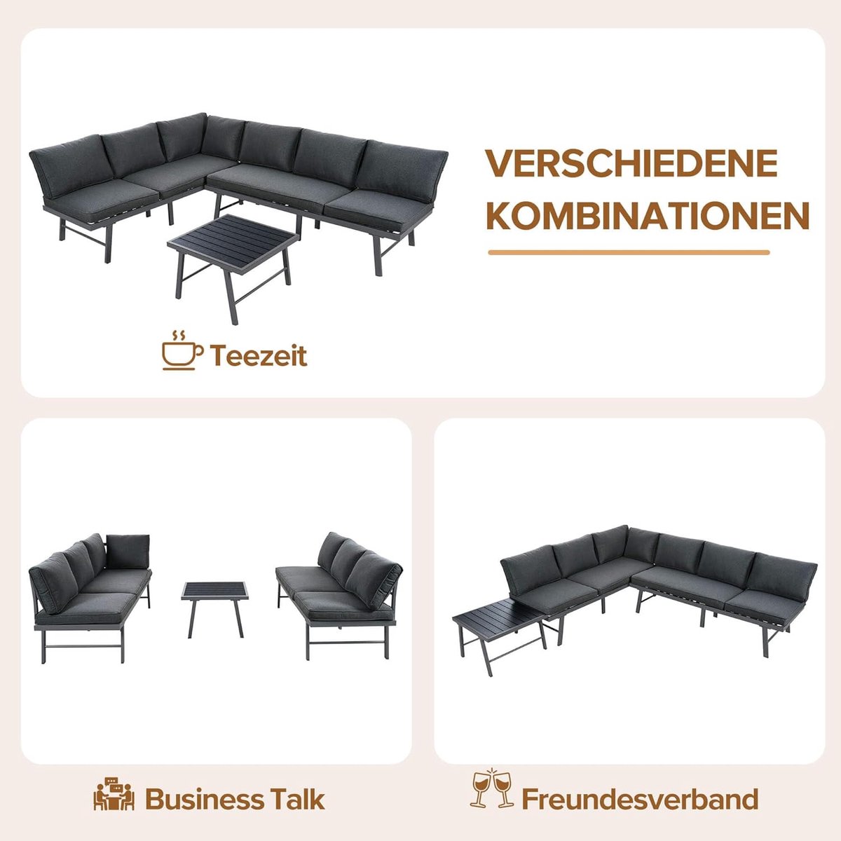 Tuinmeubelset 8 Personen Loungeset U-Vorm 320x250 cm – Luxe Outdoor Lounge Set met 2 Bijzettafels, Dikke Kussens (10 cm), Rope Design & Verzinkt Stalen Frame – Weerbestendige Tuinset voor Terras & Tuin – Grijs – Laura