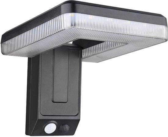 Zwarte buitenlamp met sensor, vierkant lichtgevend deel bovenaan, op witte achtergrond.