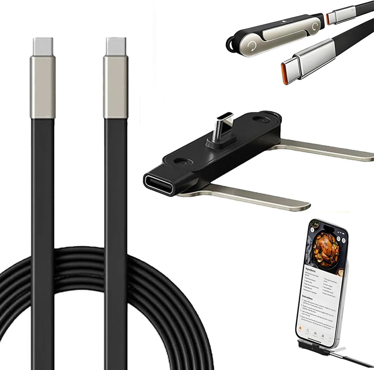 Xcruiser FlexiCharge Telefoonhouder met USB-C Kabel – Set van 2 – Opvouwbare Smartphone Standaards – Zwart/Oranje