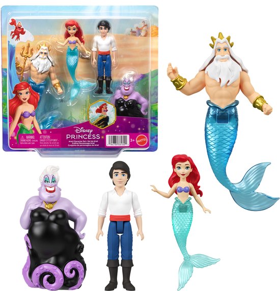 De set bevat poppen van Koning Triton, Ariel, Prins Eric en Ursula, verpakt in een doos met een kasteel-thema.