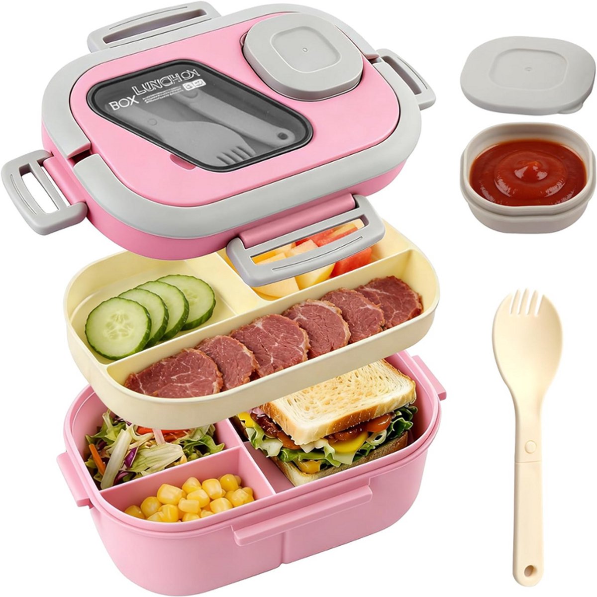 KZQ Bentobox voor volwassenen - Saladebak met grote inhoud - 1,2 liter - Inclusief bento-bakje voor toppings - 85 ml bakje voor saladedressing - en ingebouwde herbruikbare vork - Roze