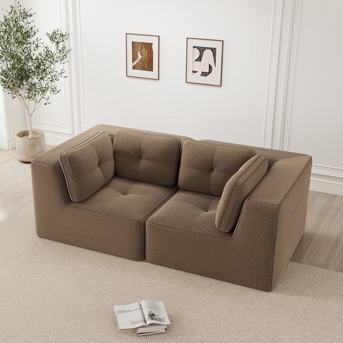 REDOM Modulaire 2-Zits Hoekbank – Frameloos met Diepe Zitting van 74 cm – Cordstof Bekledi