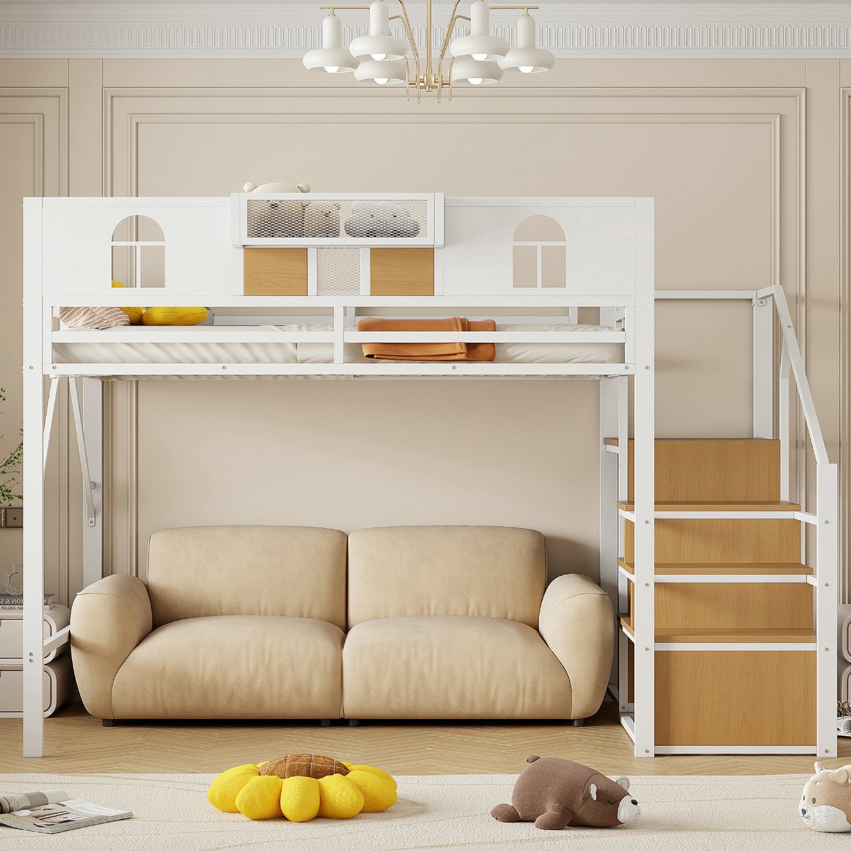VVBV Hoogslaper 140x200 met bureau / Kinder hoogslaper – Metalen Frame – met Opbergruimte, Ladder – Metaal – Wit – Ladder en Veiligheidshek White