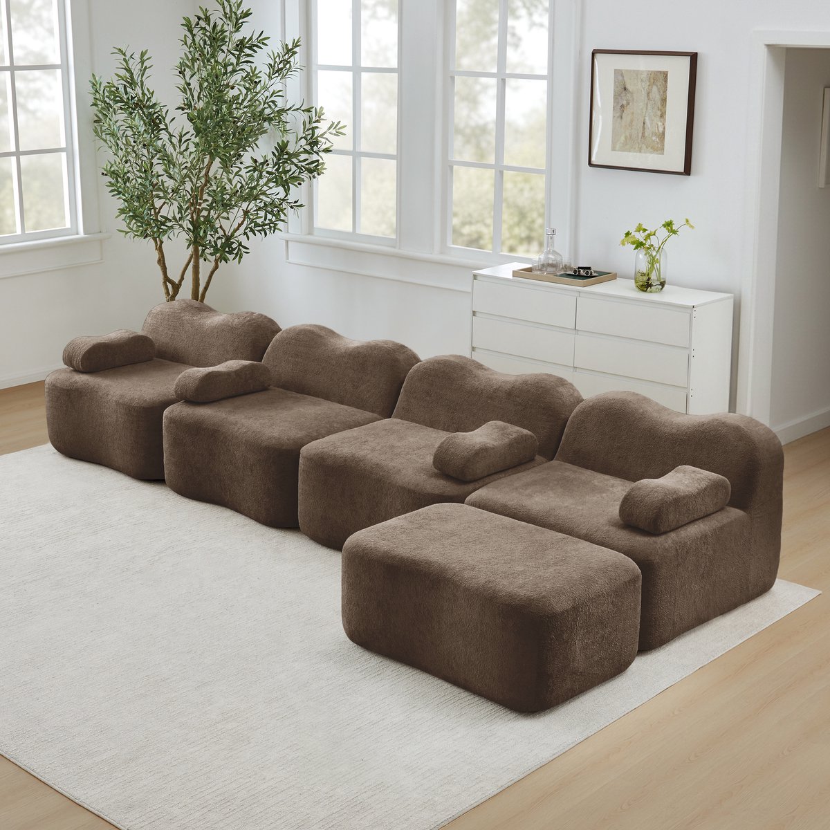 REDOM Modulaire Hoekbank - 4-zits met golvende vorm en zonder binnenframe - Moderne loungebank voor woonkamer - Fluweel - Bruin - 384 x 167 x 70 cm