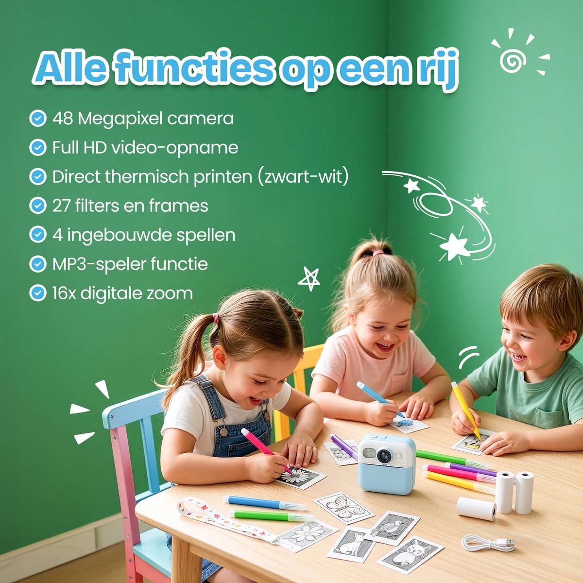 TinyPlay Kindercamera met foto printer - 48MP - Digitale Camera Kinderen - 32GB SD kaart - Full HD Foto en Video - Spelletjes - Fotoprinter - Kinder camera - Digitale kindercamera - Blauw — afbeelding 5