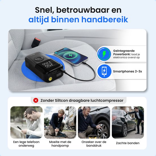 Siltcon® Elektrische Fietspomp - Luchtcompressor - Tot 10.8 Bar - 8500 mAh Powerbank - Compressor - Bandenpomp Auto - Elektrische Bandenpomp - Luchtpomp – Universeel – Oplaadbaar & 12V – 35l/min – SOS Lamp - Noodpakket - Incl. 10 Opzetstukjes en Hoes