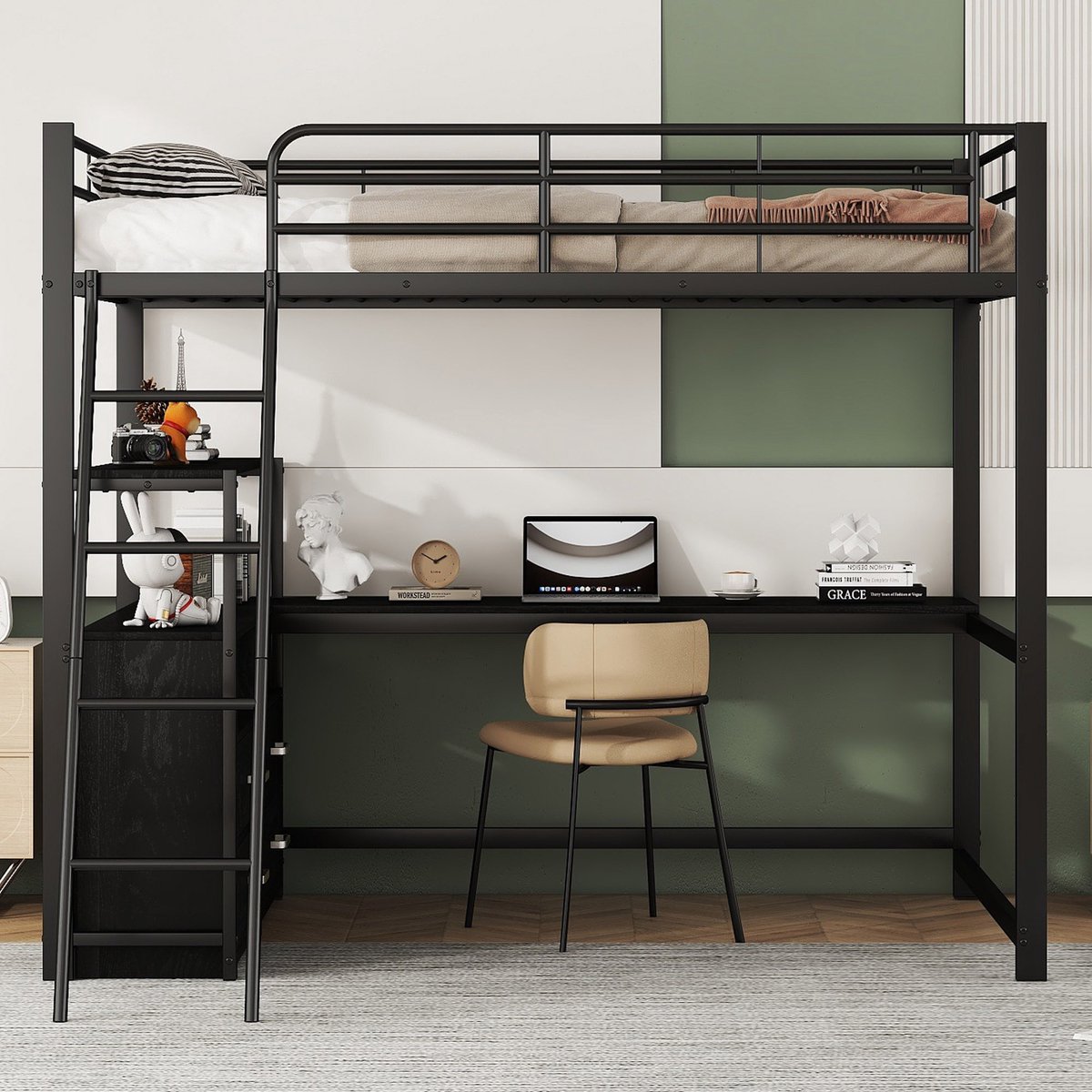 VVBV Ruimtebesparende Hoogslaper 140x200 cm met Bureau, Lades - Metaal Zwart - Zonder Matras