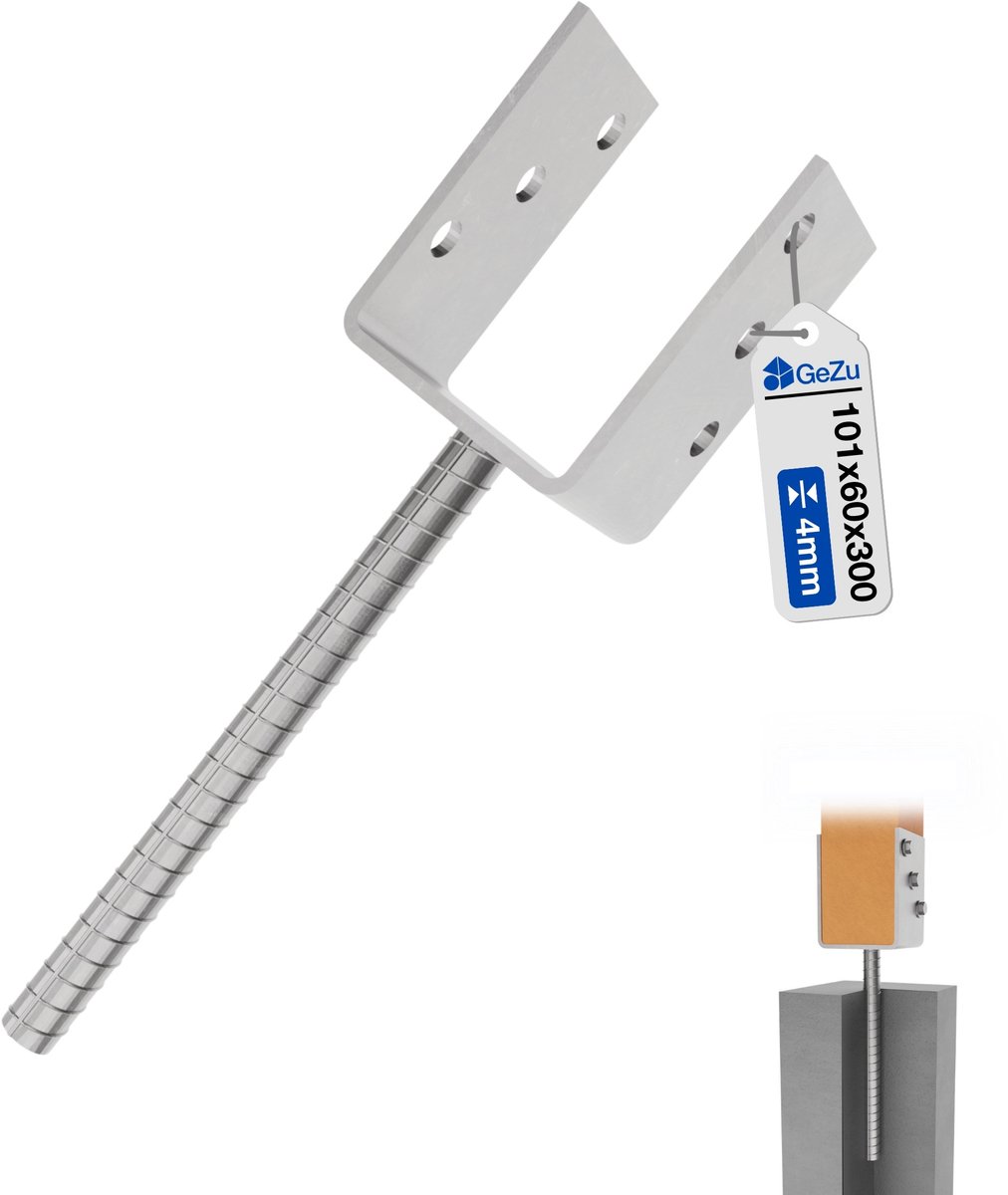 GeZu Impex Instortanker U Paalhouder 101 × 300 × 60 mm – 4 mm Verzinkte U-steun met Geribbelde Pin