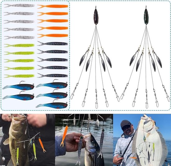 5-arm multi-aas rig voor roofvissen, complete set met jigkoppen, haken en swimbaits voor snoekbaars, snoek en baars in zoet en zout water — afbeelding 3