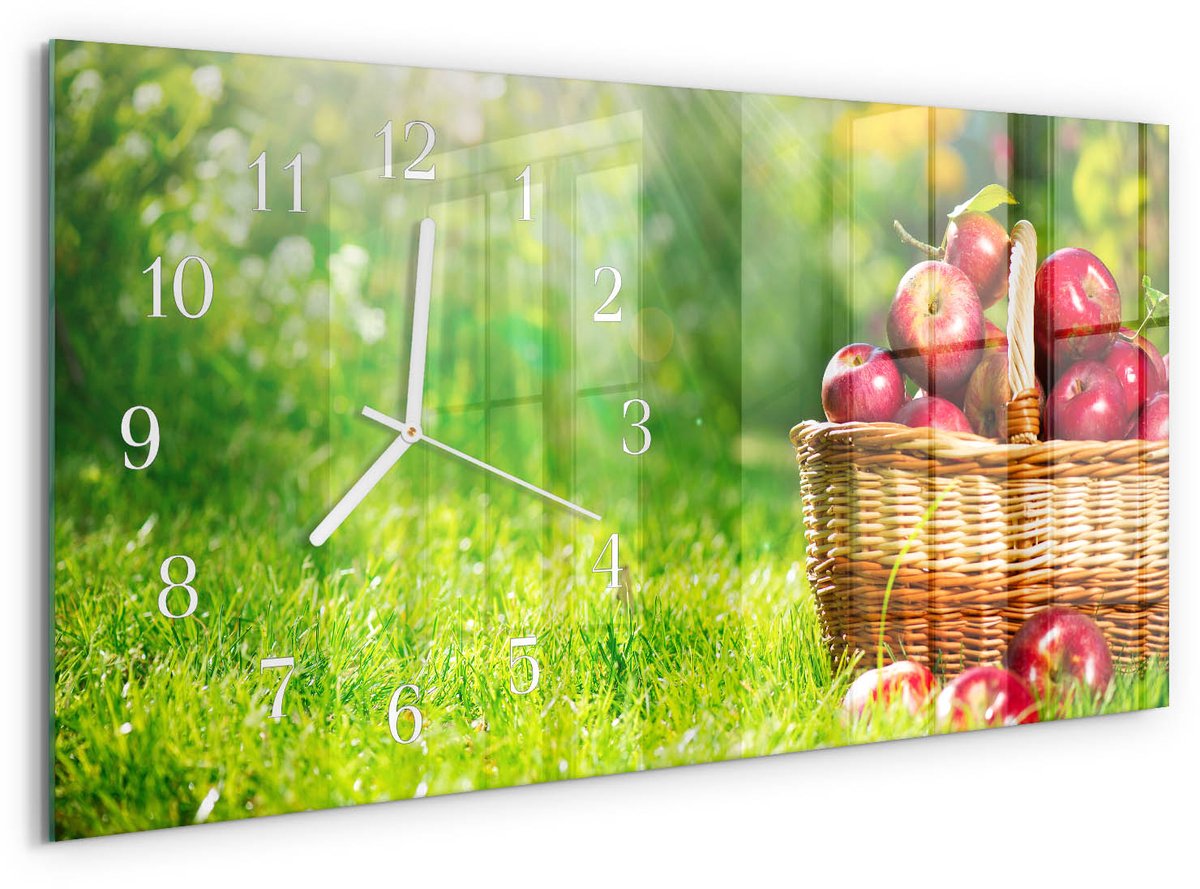 TULUP Wandklok - Een mand met appels Moderne Glazen Wandklok - 60x30 cm - Groente Wandklok Glas Met Motief - Witte Handen - Rechthoekige Wandklok - Gekleurde Glazen Klok - Glazen Klok Met Print Groente - Een mand met appels