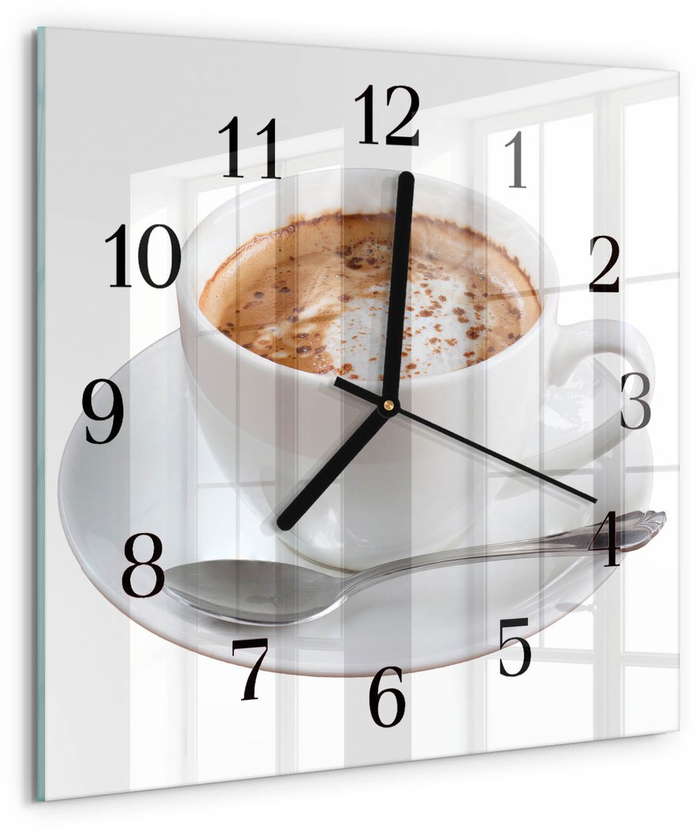 TULUP Wandklok - Koffie Decoratieve Glazen Klok - 30x30 cm - Wit Glazen Wandklok Design - Zwarte Handen - Vierkante Wandklok - Moderne Wandklok Glas - Wandklok Glas Decoratie Wit - Koffie