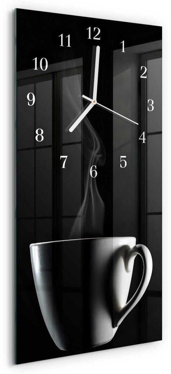 TULUP Wandklok - Beker Glazen Wandklok Design - 30x60 cm - Zwart Klok Glas Met Opdruk - Witte Handen - Rechthoekige Wandklok - Klok Glas Met Opdruk - Moderne Wandklok Glas Zwart - Beker