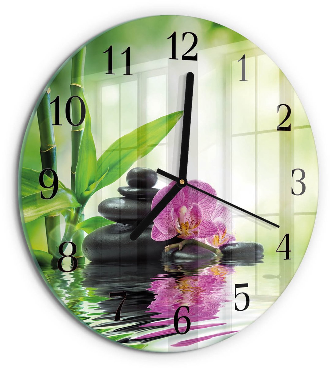 TULUP Wandklok - Spa Orchid Decoratieve Glazen Klok - 30fi cm - Groente Glazen Wandklok Design - Zwarte Handen - Ronde Wandklok - Klok Glas Met Opdruk - Moderne Wandklok Glas Groente - Spa Orchid