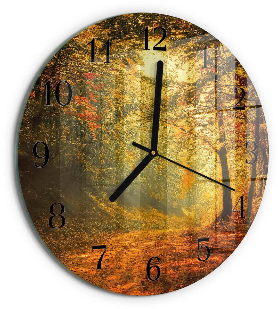 TULUP Wandklok - De herfst in het bos Glazen Klok Met Print - 30fi cm - Oranje Moderne Glazen Wandklok - Zwarte Handen - Ronde Wandklok - Wandklok Glas Met Motief - Decoratieve Glazen Klok Oranje - De herfst in het bos