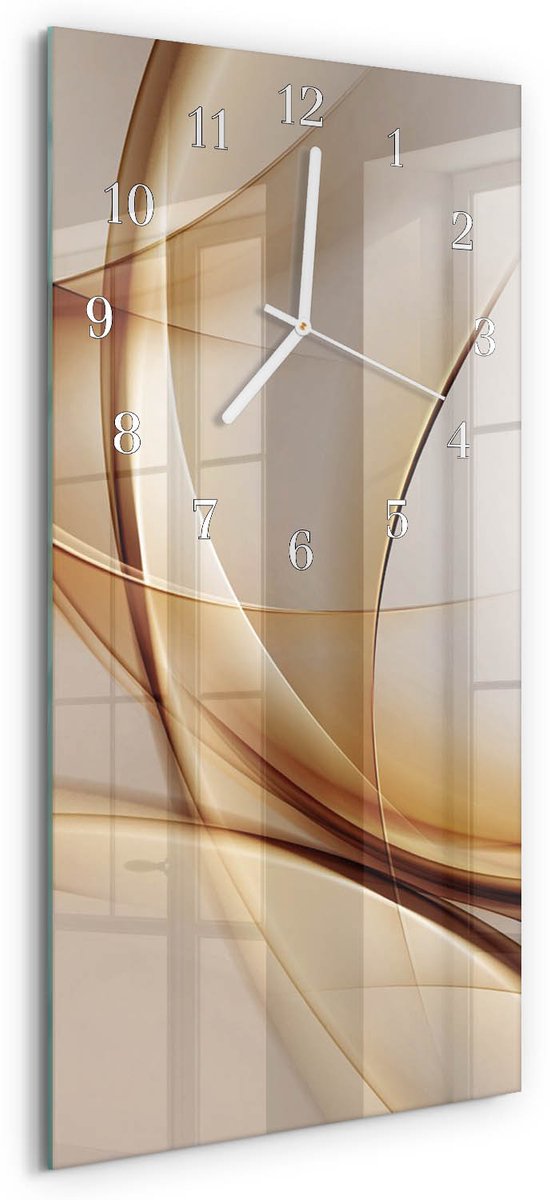 TULUP Wandklok - Abstractie Moderne Wandklok Glas - 30x60 cm - Beige Wandklok Glas Decoratie - Witte Handen - Rechthoekige Wandklok - Wandklok Glas Decoratie - Gekleurde Glazen Klok Beige - Abstractie