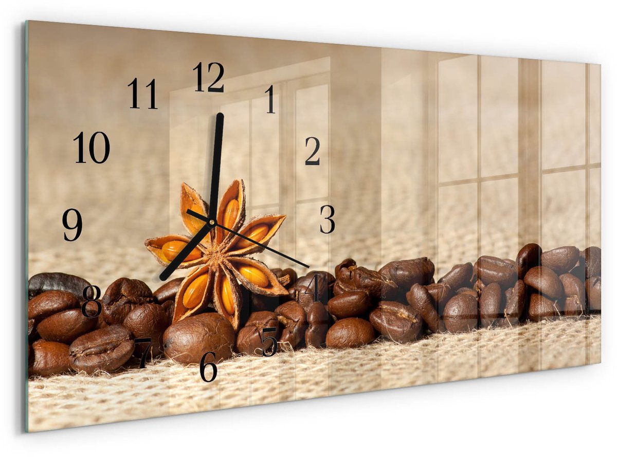 TULUP Wandklok - Koffiebonen Wandklok Glas Decoratie - 60x30 cm - Bruin Gekleurde Glazen Klok - Zwarte Handen - Rechthoekige Wandklok - Glazen Wandklok Design - Klok Glas Met Opdruk Bruin - Koffiebonen