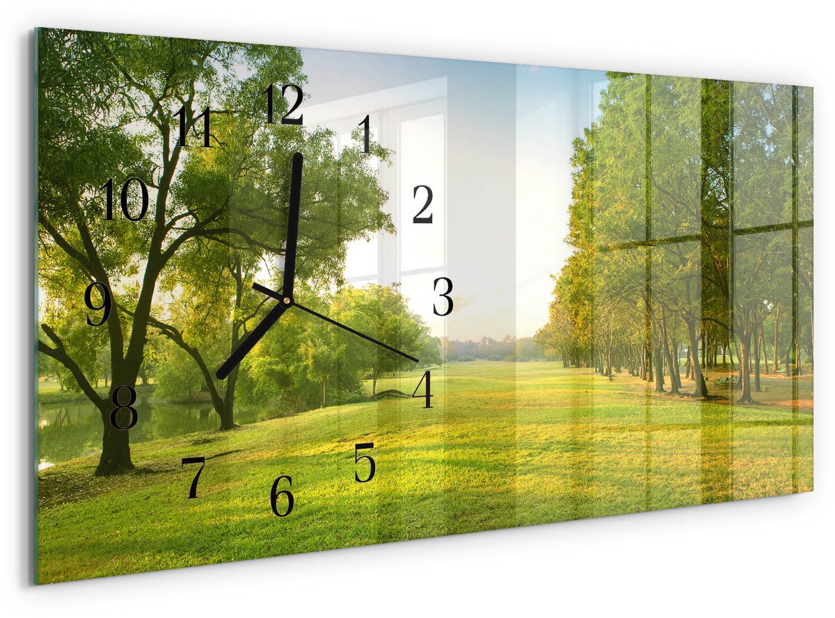 TULUP Wandklok - Het groen van de natuur Gekleurde Glazen Klok - 60x30 cm - Groente Glazen Klok Met Print - Zwarte Handen - Rechthoekige Wandklok - Moderne Wandklok Glas - Wandklok Glas Decoratie Groente - Het groen van de natuur