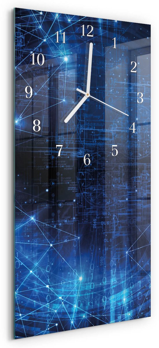 TULUP Wandklok - Matrix Wandklok Glas Decoratie - 30x60 cm - Blauw Gekleurde Glazen Klok - Witte Handen - Rechthoekige Wandklok - Glazen Wandklok Design - Klok Glas Met Opdruk Blauw - Matrix
