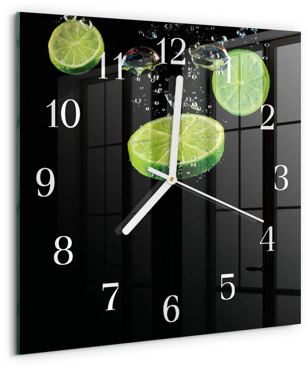 TULUP Wandklok - Limoenen Moderne Glazen Wandklok - 30x30 cm - Groente Wandklok Glas Met Motief - Witte Handen - Vierkante Wandklok - Gekleurde Glazen Klok - Glazen Klok Met Print Groente - Limoenen