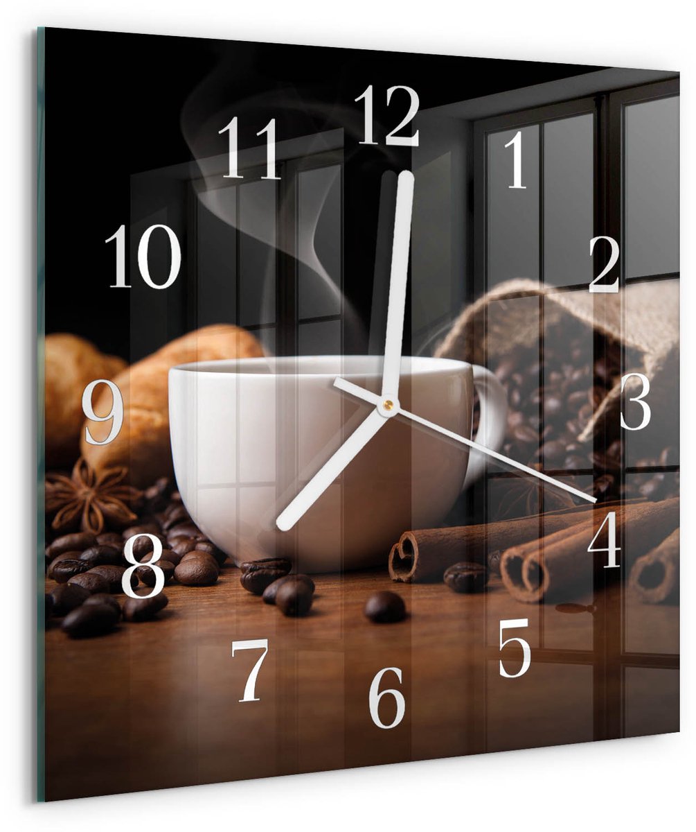 Tulup Wandklok - Koffie Wandklok Glas Decoratie - 30x30 cm - Bruin Gekleurde Glazen Klok - Witte Handen - Vierkante Wandklok - Wandklok Glas Met Motief - Decoratieve Glazen Klok