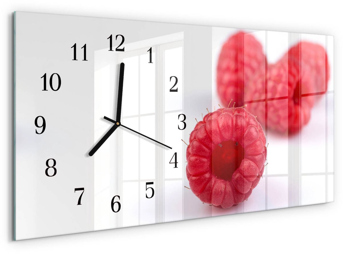 TULUP Wandklok - Frambozen Wandklok Glas Decoratie - 60x30 cm - Rood Gekleurde Glazen Klok - Zwarte Handen - Rechthoekige Wandklok - Glazen Klok Met Print - Wandklok Glas Met Motief Rood - Frambozen