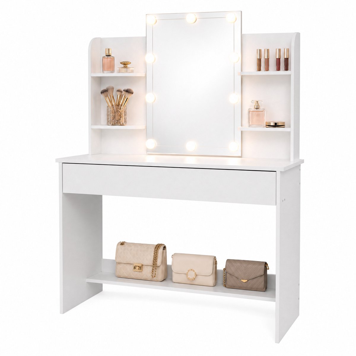 Monza Home® Make-up Tafel – Kaptafel met Spiegel & Verlichting – Lade met 3 vakken - Wit
