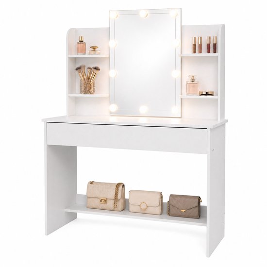 Monza Home® Make-up Tafel – Kaptafel met Spiegel & Verlichting – Lade met 3 vakken - Wit