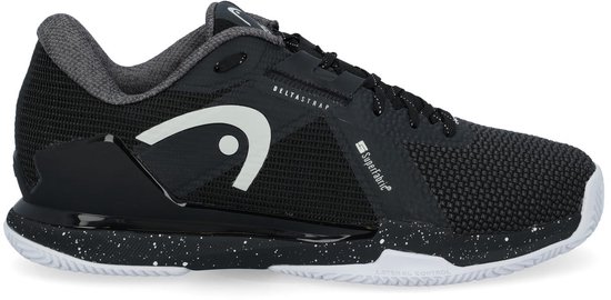 Zwarte tennis schoen met witte spetters op de zool, witte veters en een witte HEAD logo op de zijkant.