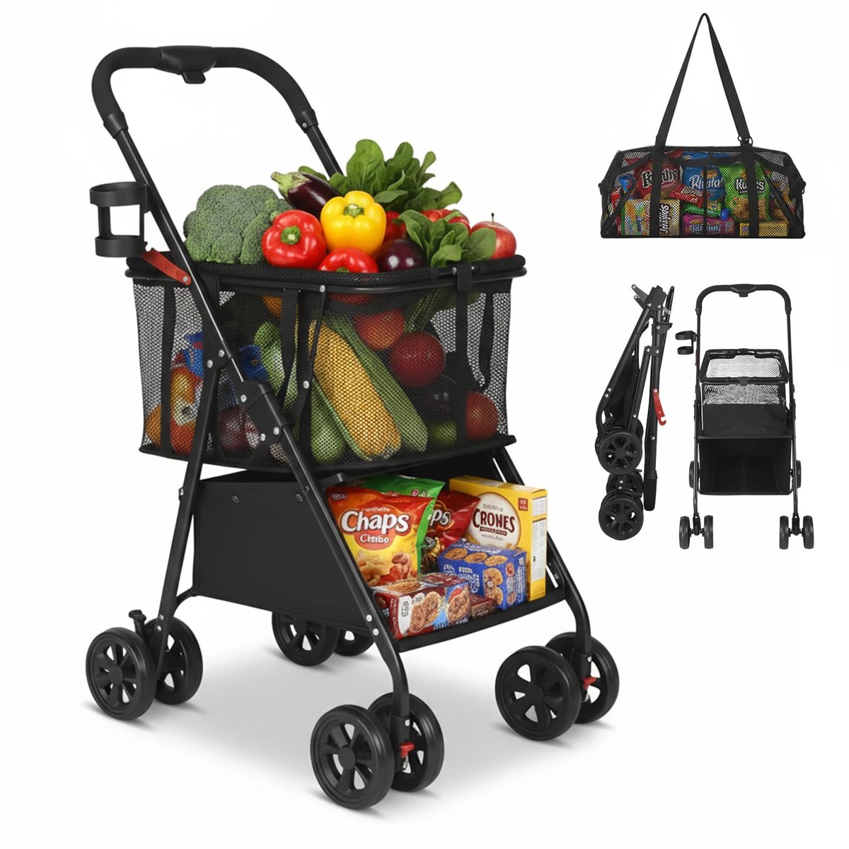 MakkelijkMooi Inklapbare Boodschappen Wandelwagen - Trolley - 2 laags Opbergruimte - Afneembare Draagtas - 360° Draaibare Wielen